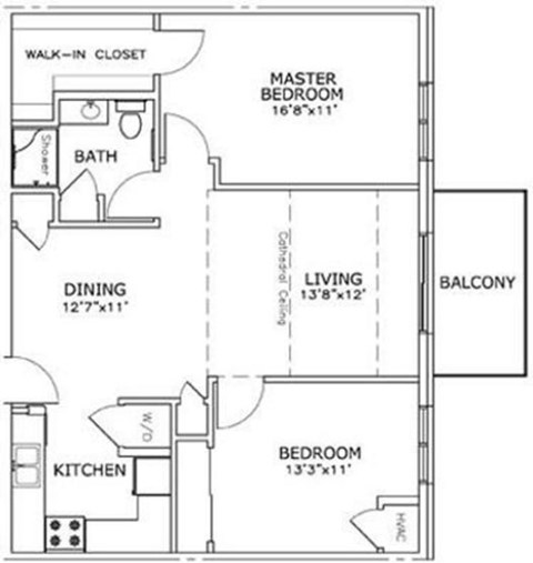 Floor plan for 2 beds, 1 bath, 928 sqft